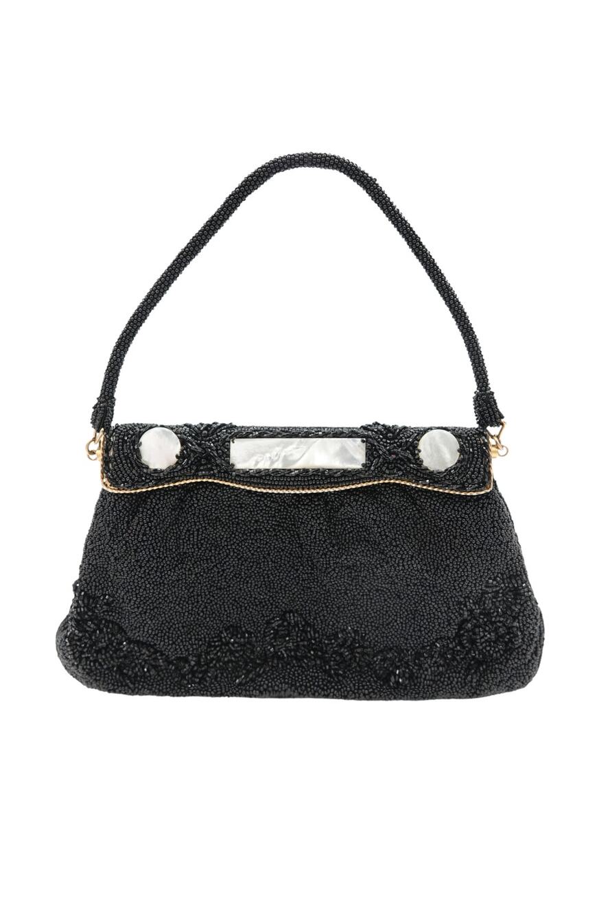 Vintage 1950s Black Seed Bead Evening Bag, Mother-of-Pearl Frame